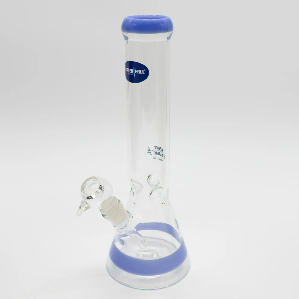 GLASS BONG-D5 CLEAR BEAKER W/ L-BLUE TRIM ICE CATCHER 30cm H 4mm THICK
