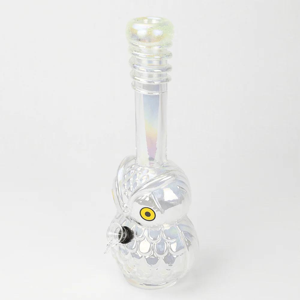 GLASS BONG-NIGHT WATCHER OWL 33.5cm OIL SLICK WHITE S/GLASS