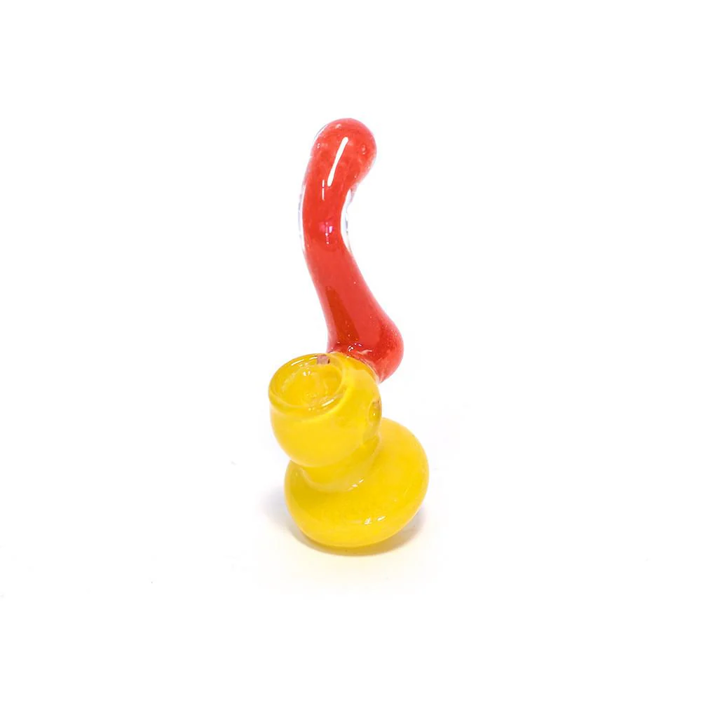 GLASS BUBBLER - 10CM CLEAR WITH YELLOW BASE AND RED STEM