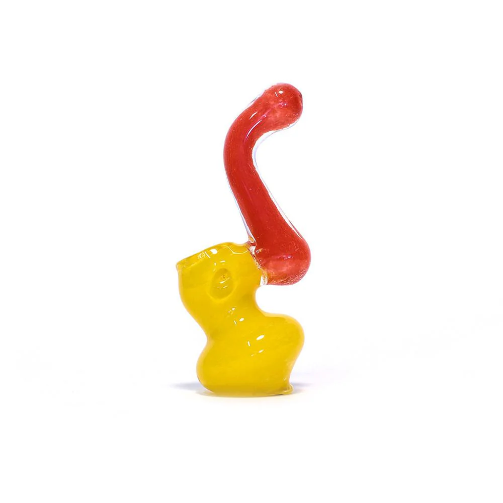 GLASS BUBBLER - 10CM CLEAR WITH YELLOW BASE AND RED STEM - Image 2