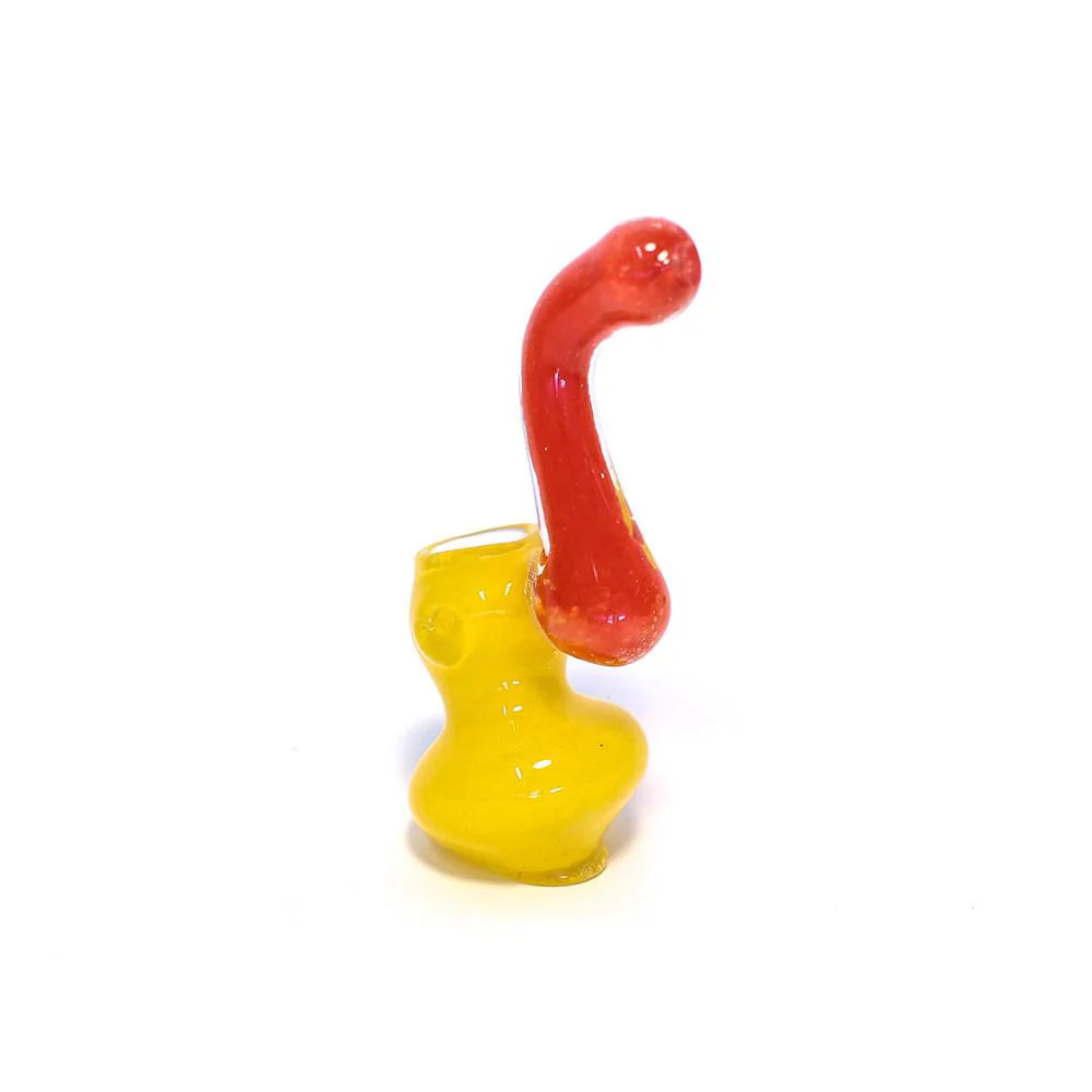 GLASS BUBBLER - 10CM CLEAR WITH YELLOW BASE AND RED STEM - Image 3