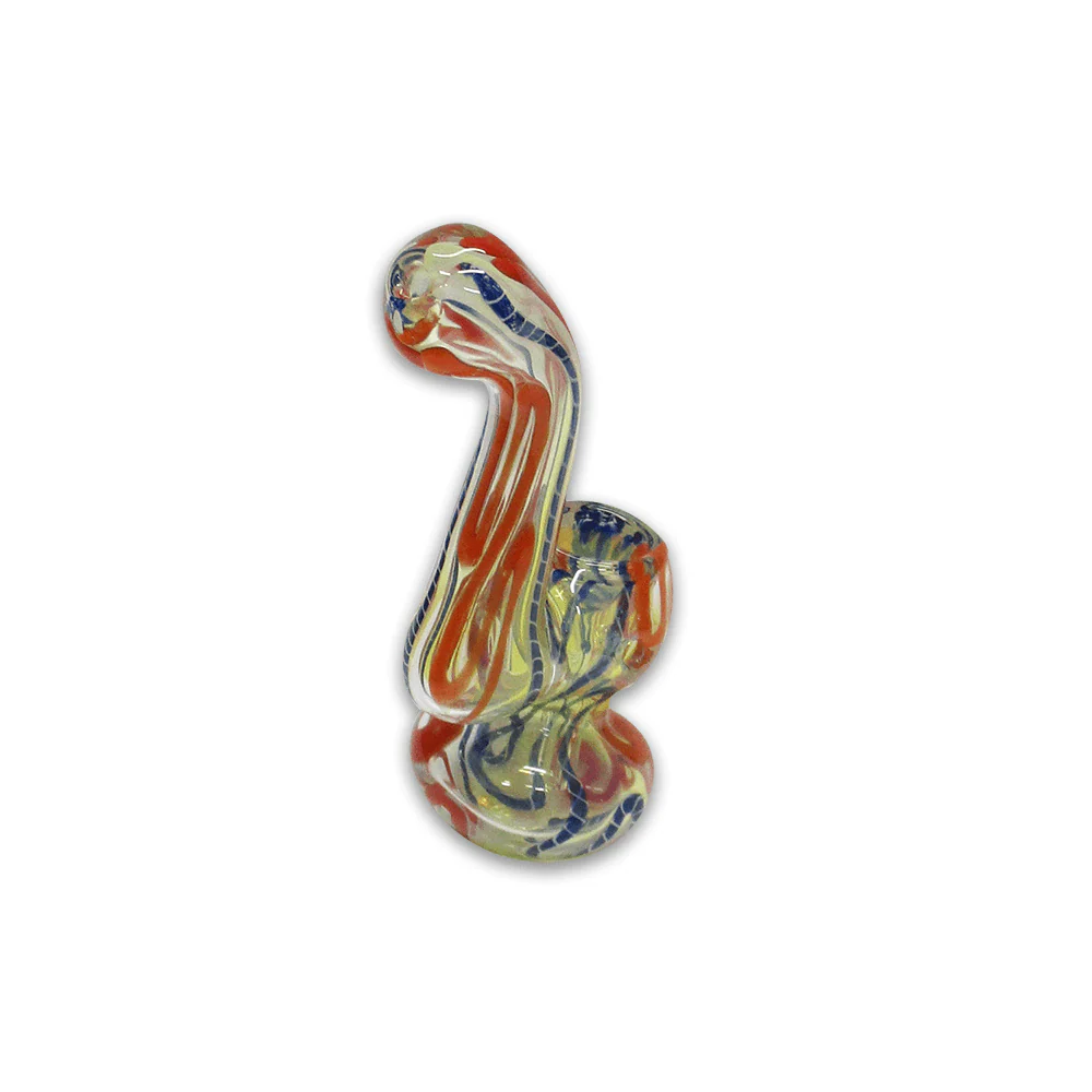 GLASS BUBBLER - 12CM CLEAR WITH BLUE AND ORANGE STRIPES - Image 3