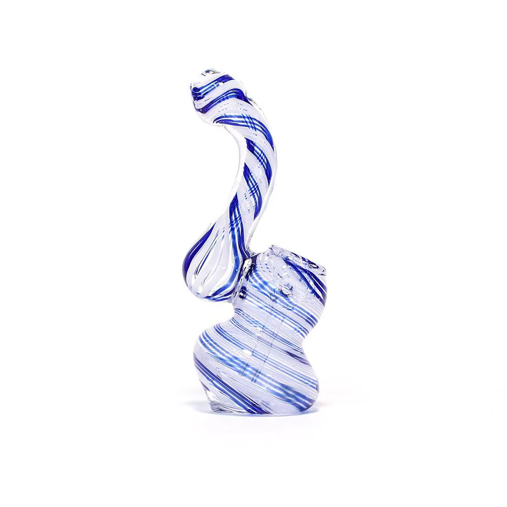 GLASS BUBBLER - 12CM CLEAR WITH BLUE AND WHITE SPIRAL STRIPES - Image 2