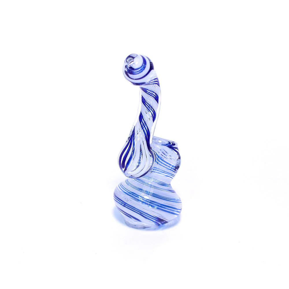 GLASS BUBBLER - 12CM CLEAR WITH BLUE AND WHITE SPIRAL STRIPES - Image 3