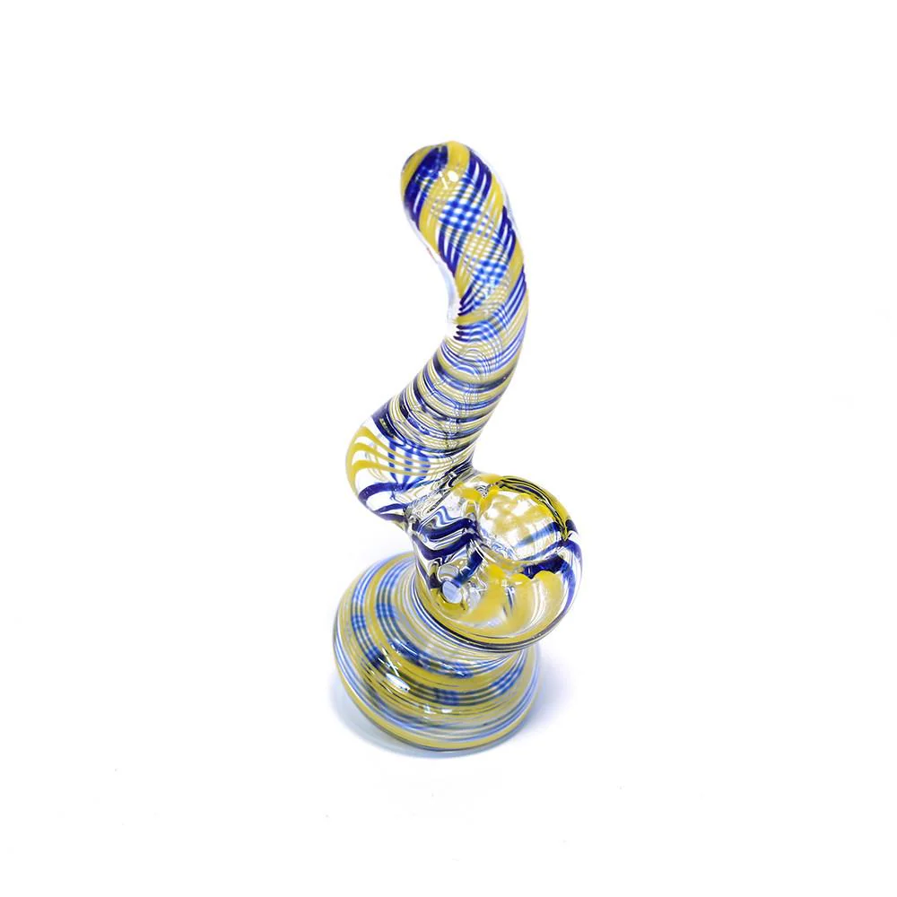 GLASS BUBBLER - 12CM CLEAR WITH BLUE AND YELLOW SPIRAL STRIPES