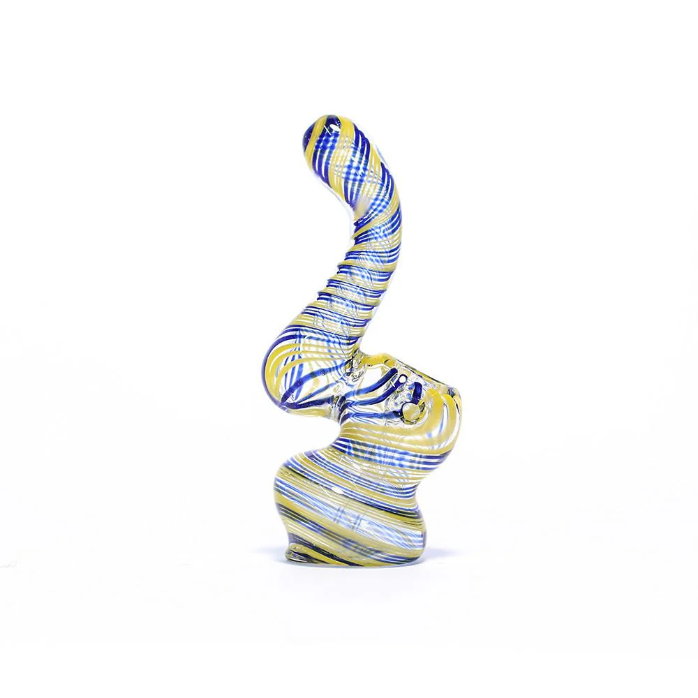 GLASS BUBBLER - 12CM CLEAR WITH BLUE AND YELLOW SPIRAL STRIPES - Image 2