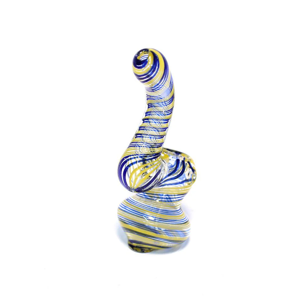 GLASS BUBBLER - 12CM CLEAR WITH BLUE AND YELLOW SPIRAL STRIPES - Image 3