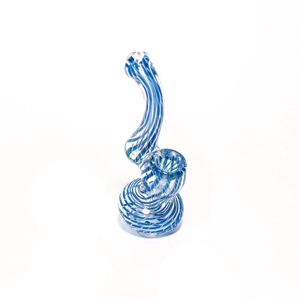GLASS BUBBLER - 12CM CLEAR WITH BLUE THREAD STRIPES