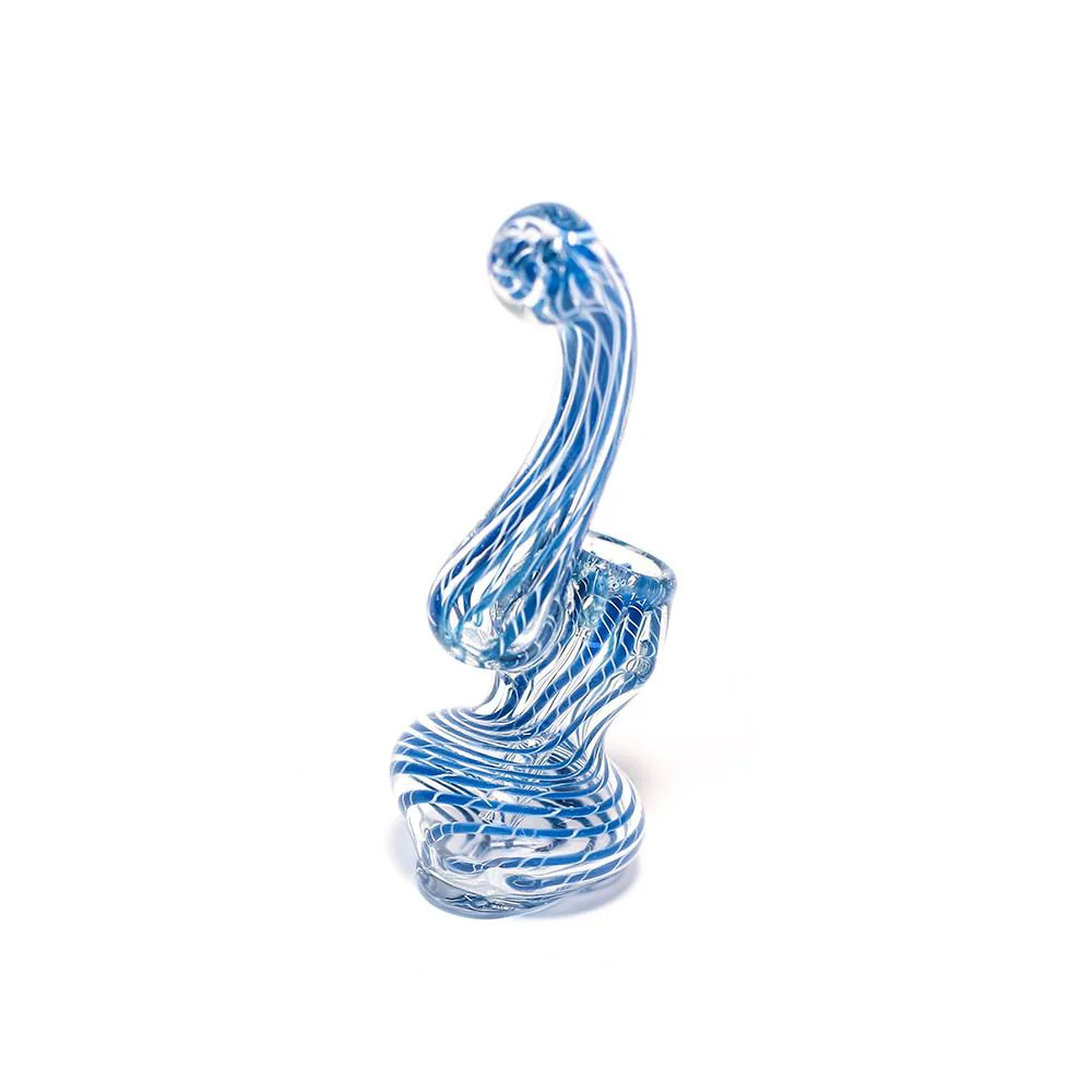 GLASS BUBBLER - 12CM CLEAR WITH BLUE THREAD STRIPES - Image 2
