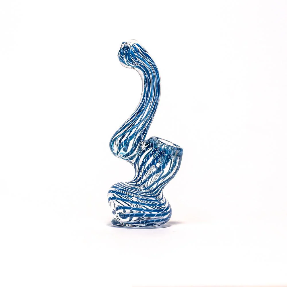 GLASS BUBBLER - 12CM CLEAR WITH BLUE THREAD STRIPES - Image 3
