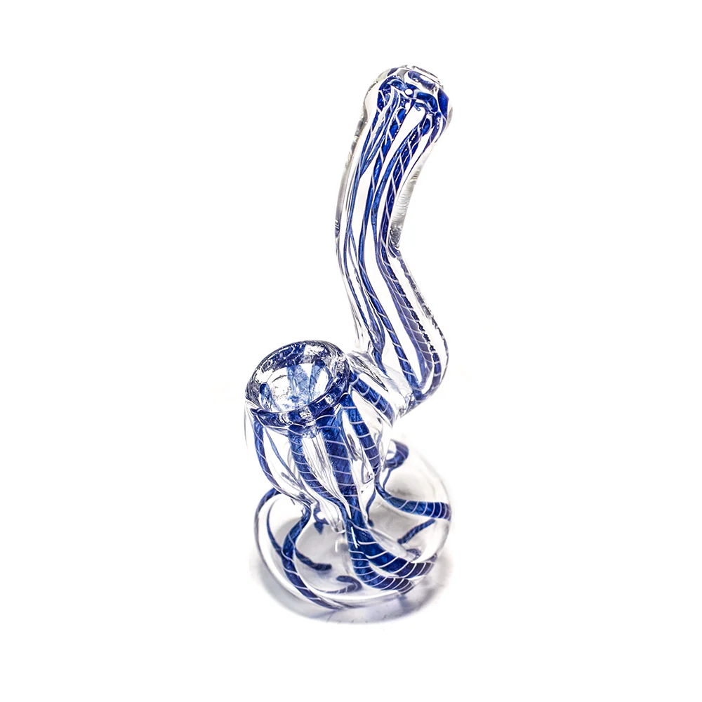 GLASS BUBBLER - 12CM CLEAR WITH BLUE THREAD STRIPES - Image 4