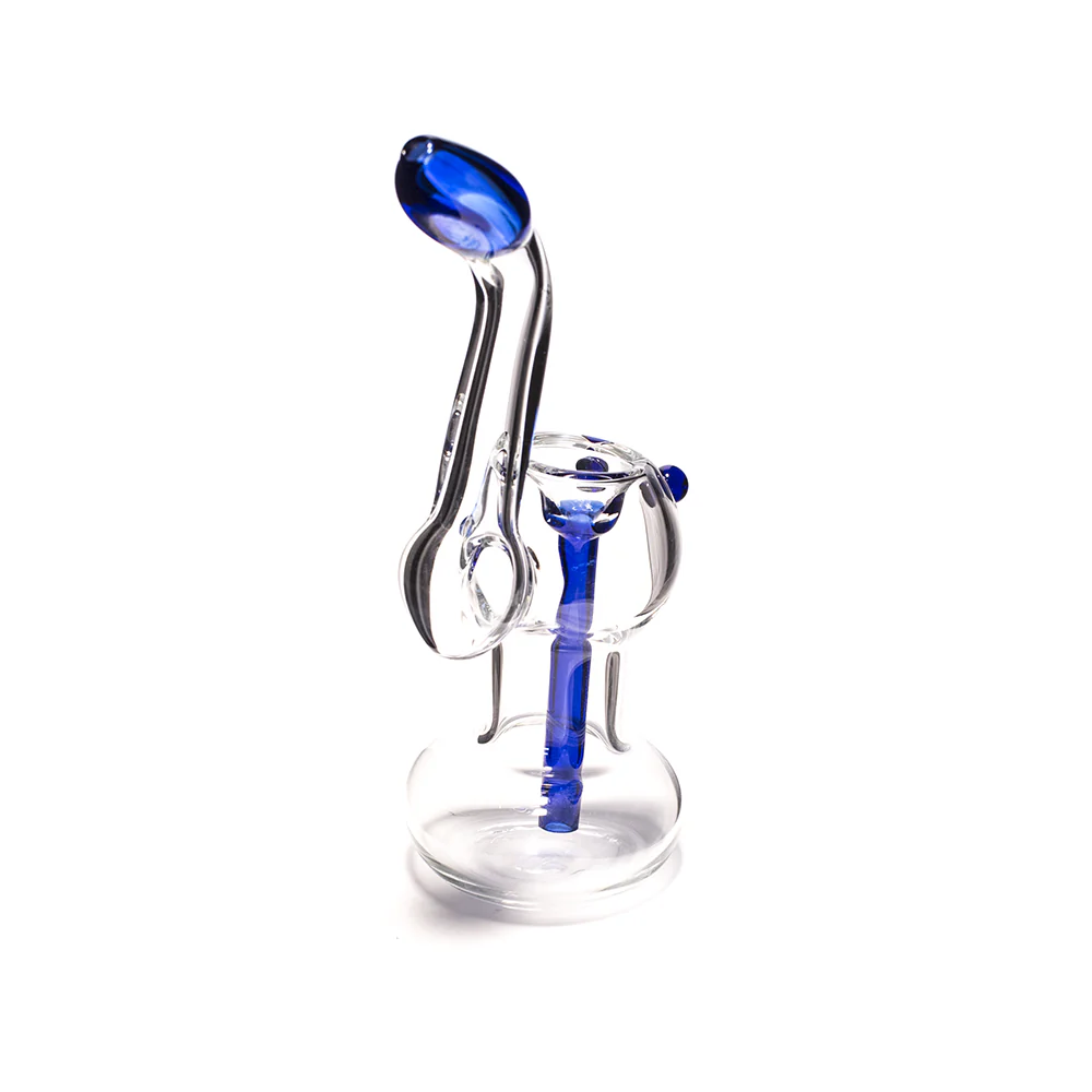 GLASS BUBBLER - 17CM CLEAR WITH BLUE TIP, BUMPS AND DOWNSTEM