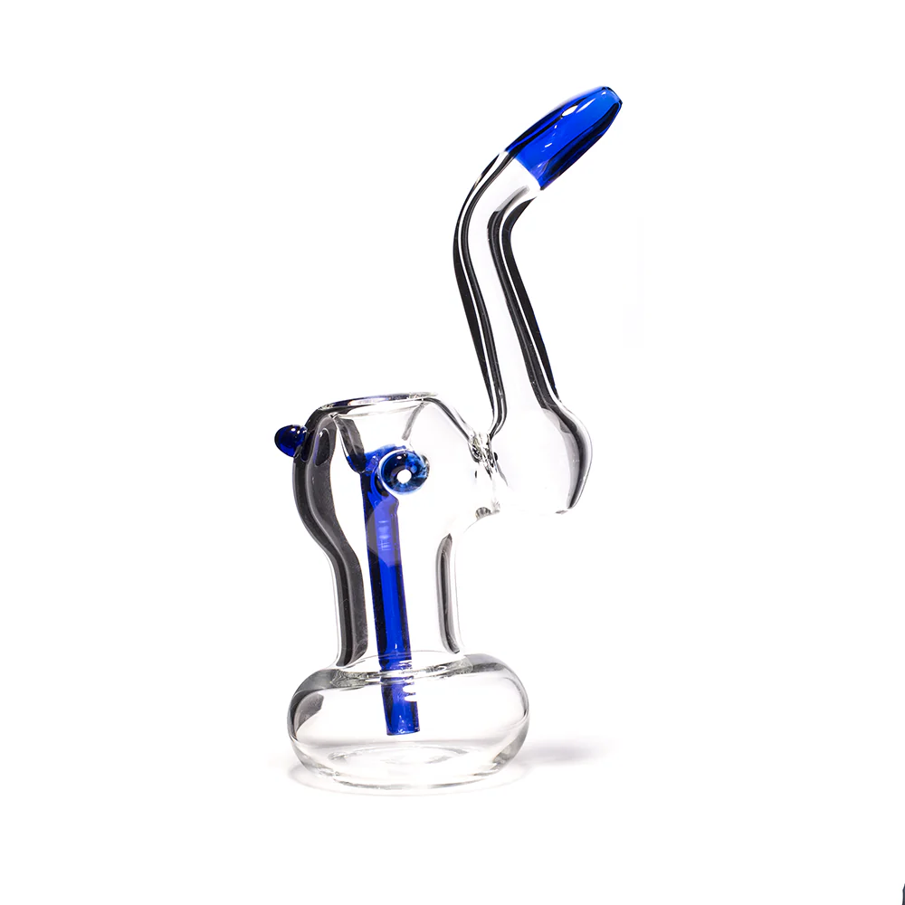 GLASS BUBBLER - 17CM CLEAR WITH BLUE TIP, BUMPS AND DOWNSTEM - Image 3