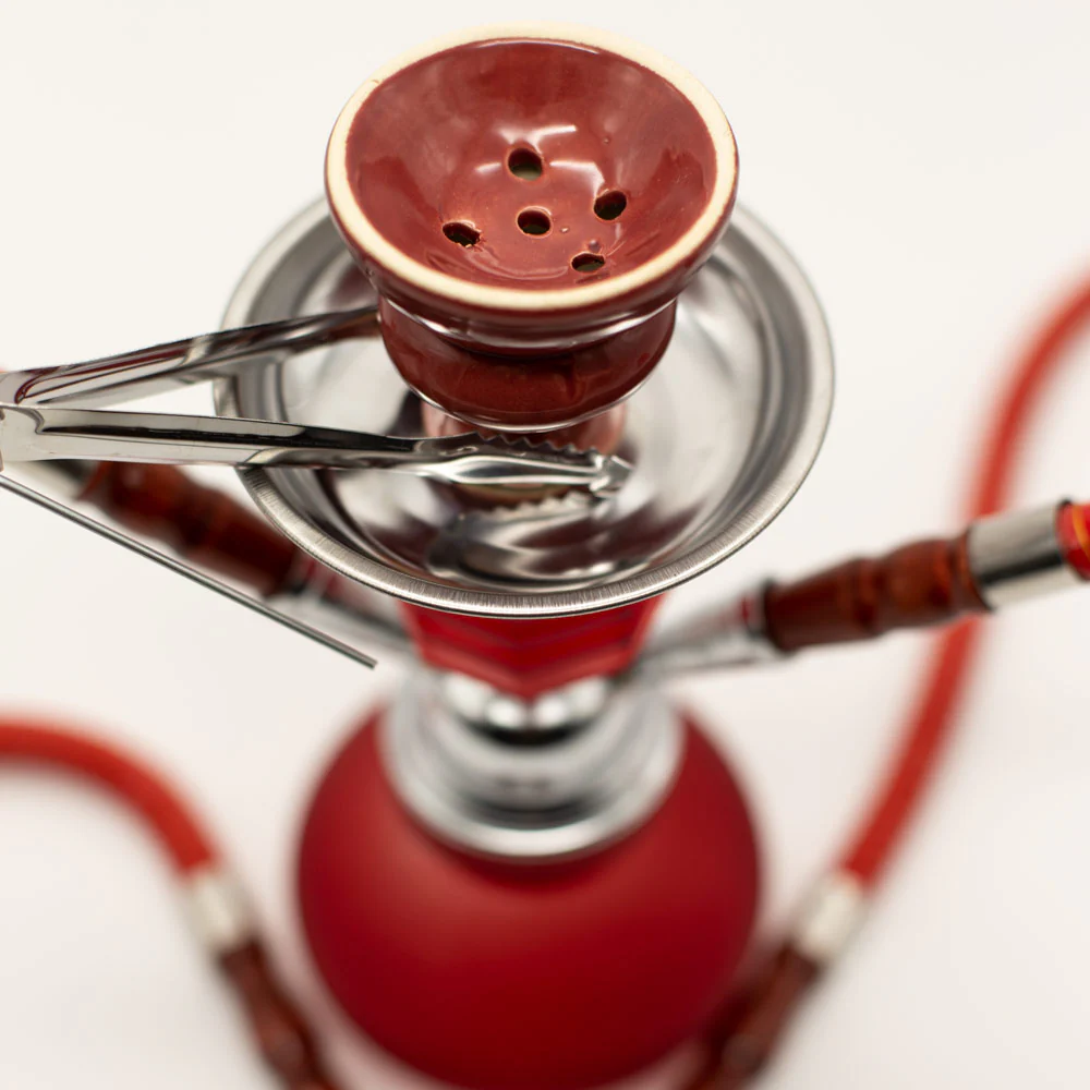 Red Smooth Bubble Glass Chrome Metal Hookah [Two Hose] - Image 2