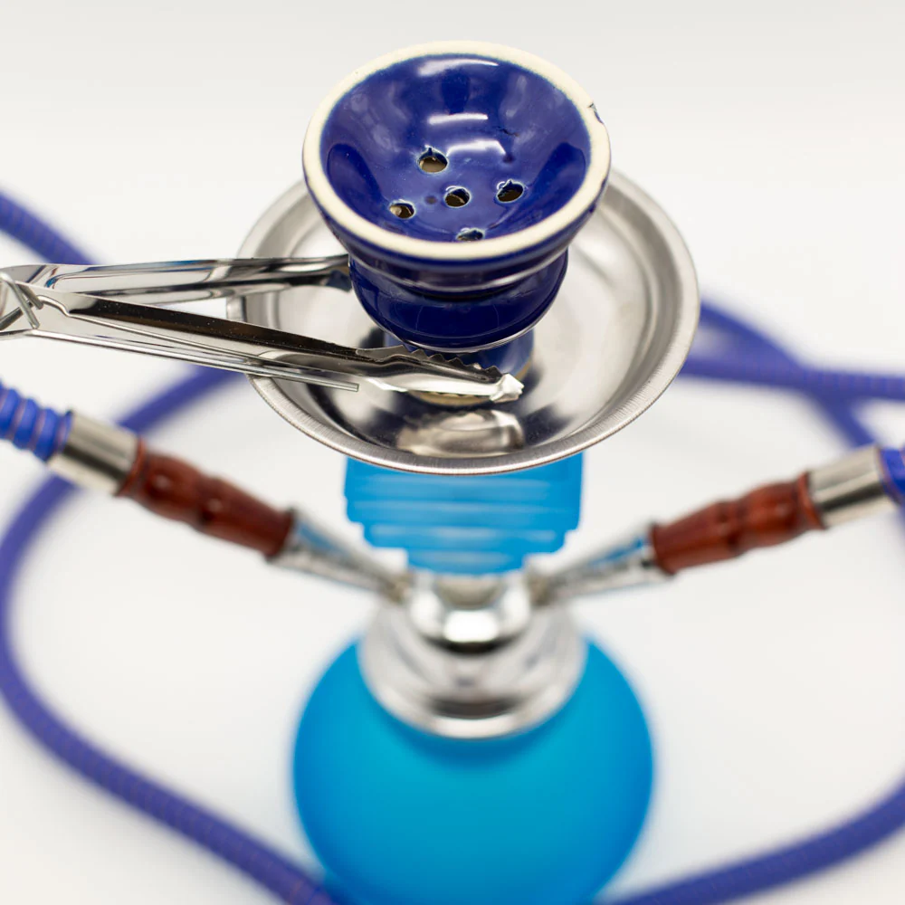 Light Blue Smooth Bubble Glass Chrome Metal Hookah [Two Hose] - Image 2