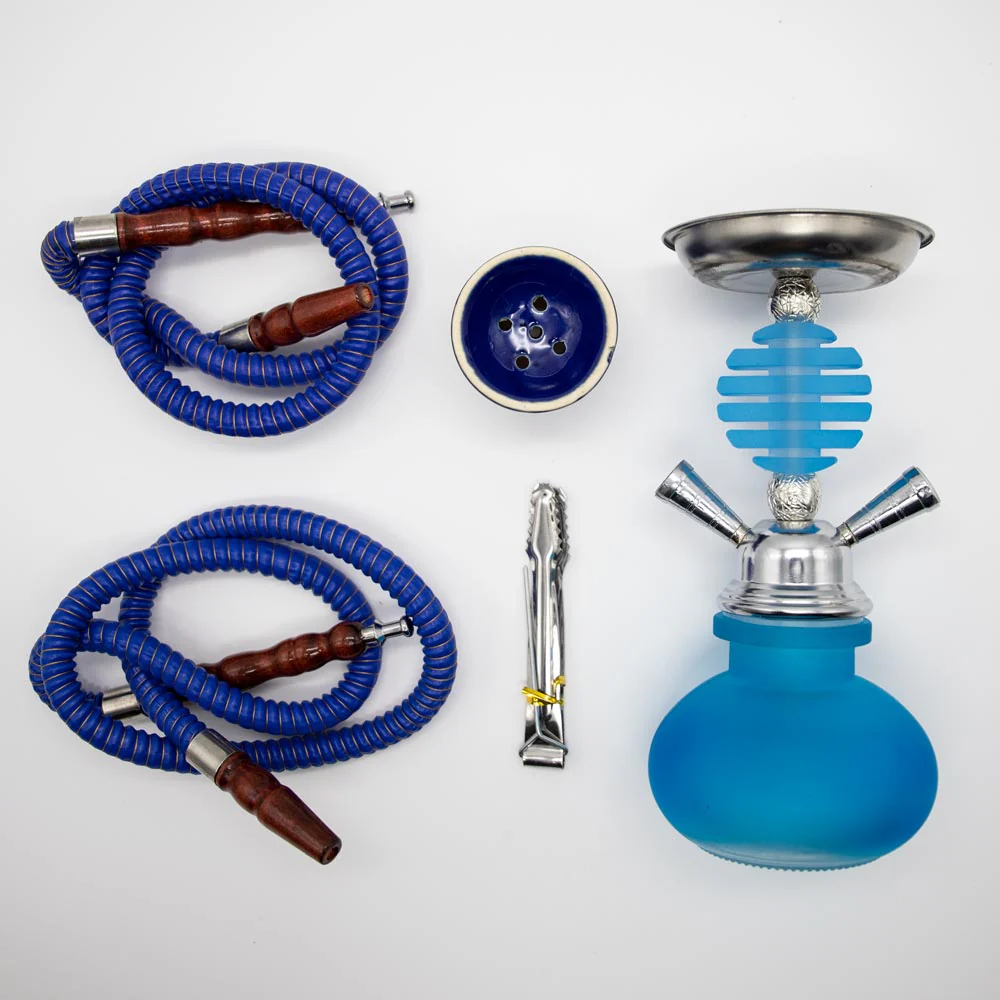 Light Blue Smooth Bubble Glass Chrome Metal Hookah [Two Hose] - Image 5