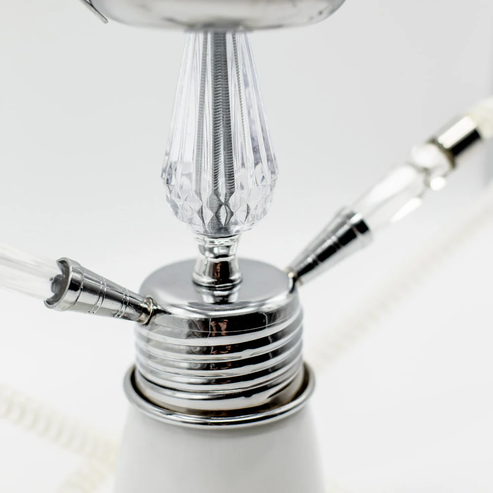 White Glass Chrome Metal Hookah - Two Hose - Image 3