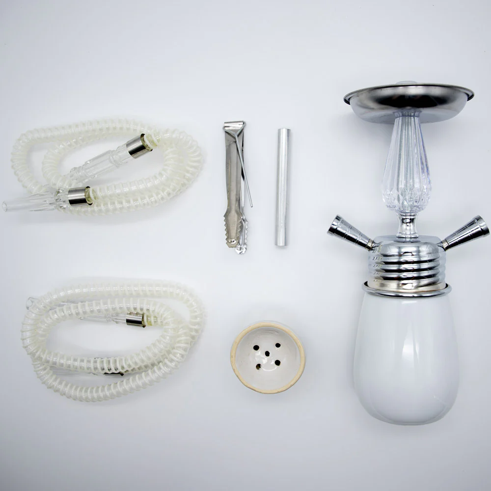 White Glass Chrome Metal Hookah - Two Hose - Image 4