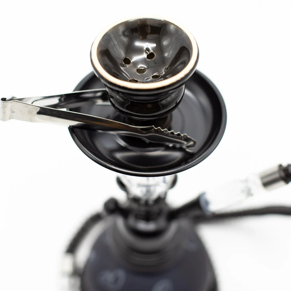 HOOKAH - 26cm 1 HOSE BLACK ARABIC GLASS BLACK METAL & CONE - Image 2