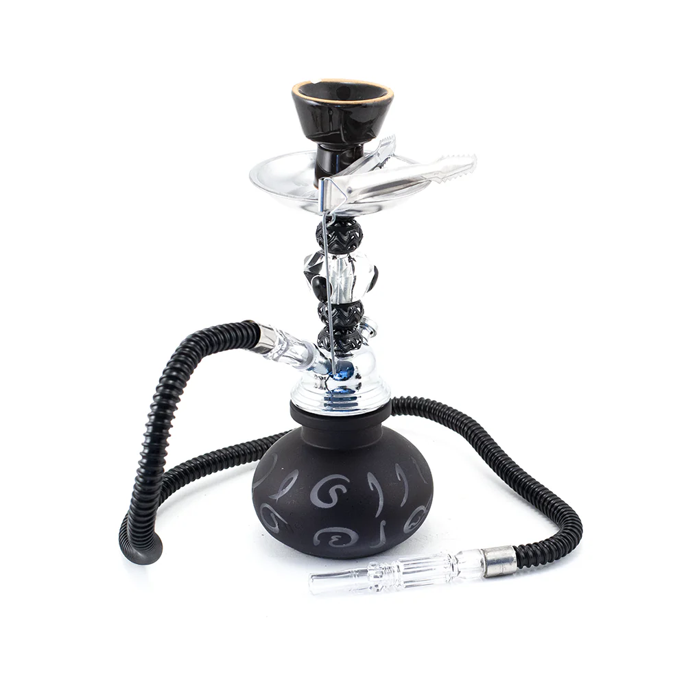 HOOKAH - 26cm 1 HOSE BLACK ARABIC GLASS CHROME METAL & BLK CONE - Image 2