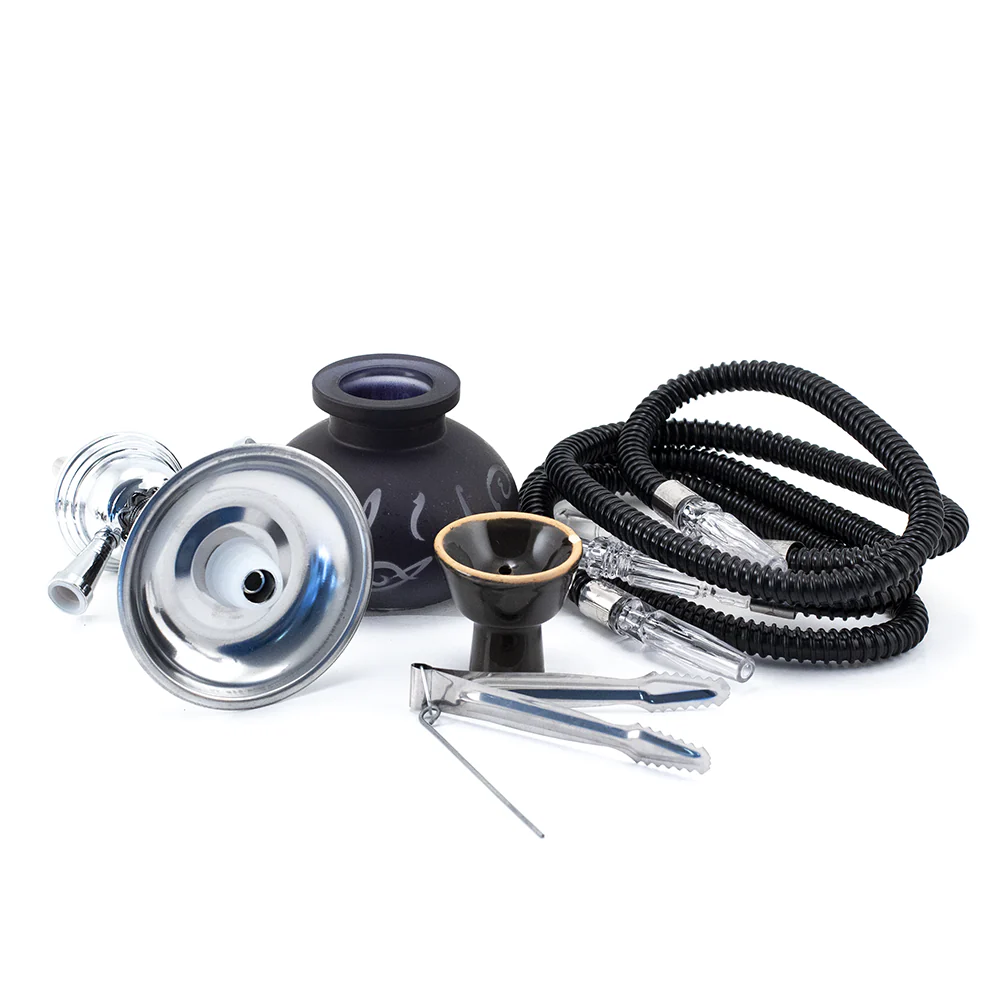 HOOKAH - 26cm 2 HOSE BLACK ARABIC GLASS CHROME METAL & BLK CONE - Image 2