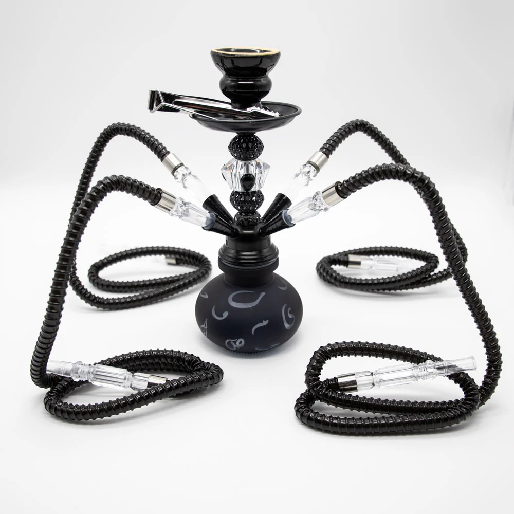 HOOKAH - 26cm 4 HOSE BLACK ARABIC GLASS BLACK METAL & CONE