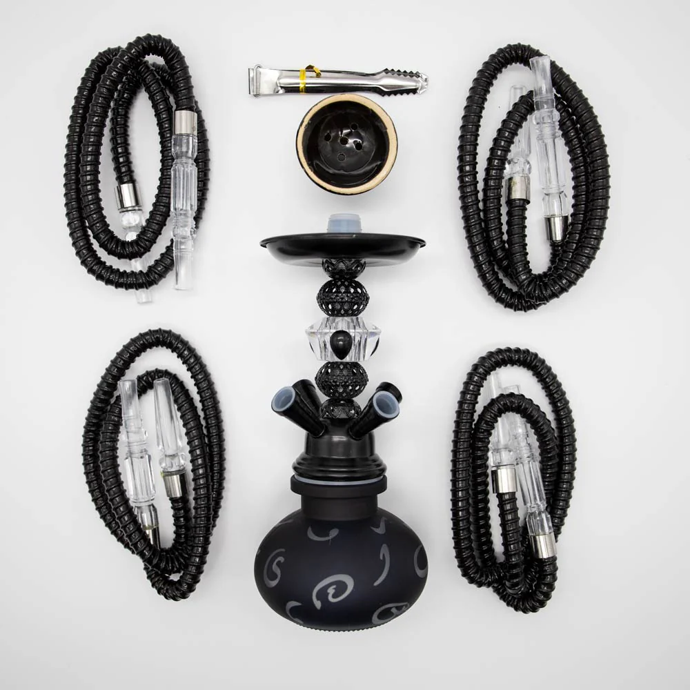 HOOKAH - 26cm 4 HOSE BLACK ARABIC GLASS BLACK METAL & CONE - Image 5