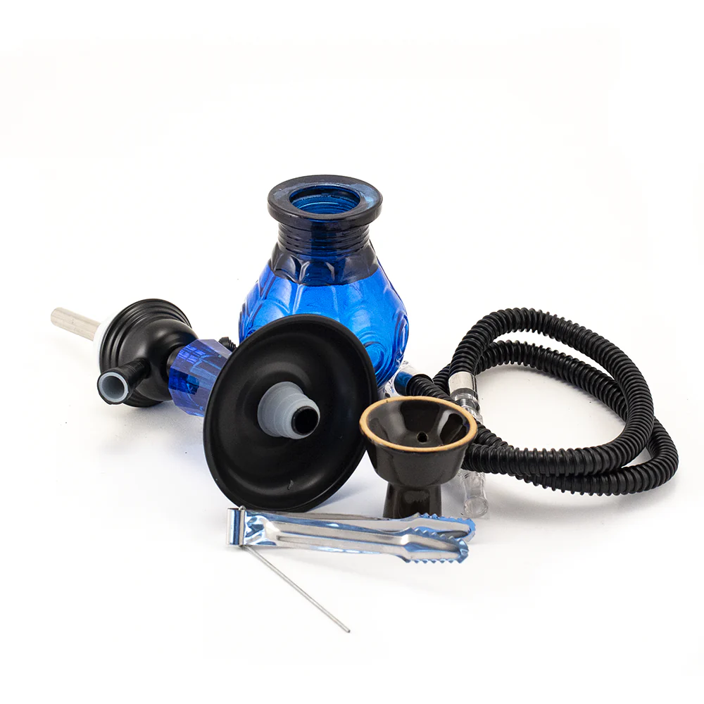 HOOKAH - 30cm 1 HOSE BLUE GLASS BLACK METAL & CONE - Image 2