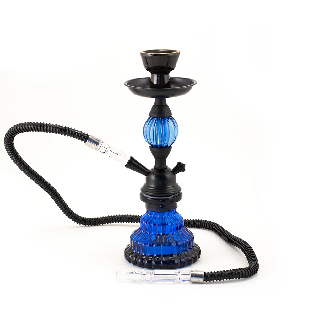 HOOKAH - 30cm 1 HOSE BLUE JELLY GLASS BLACK METAL & CONE - Image 2