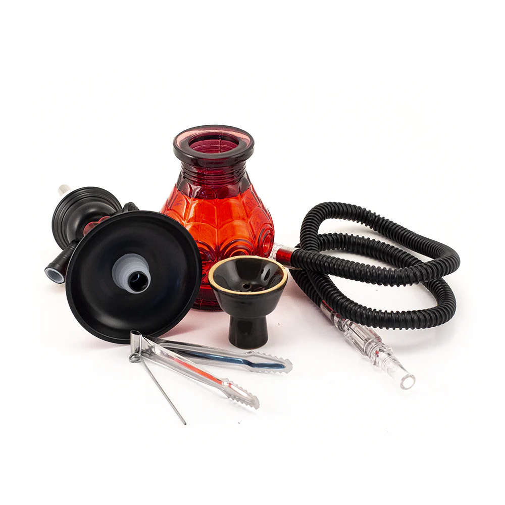 HOOKAH - 30cm 1 HOSE RED GLASS BLACK METAL & CONE - Image 3
