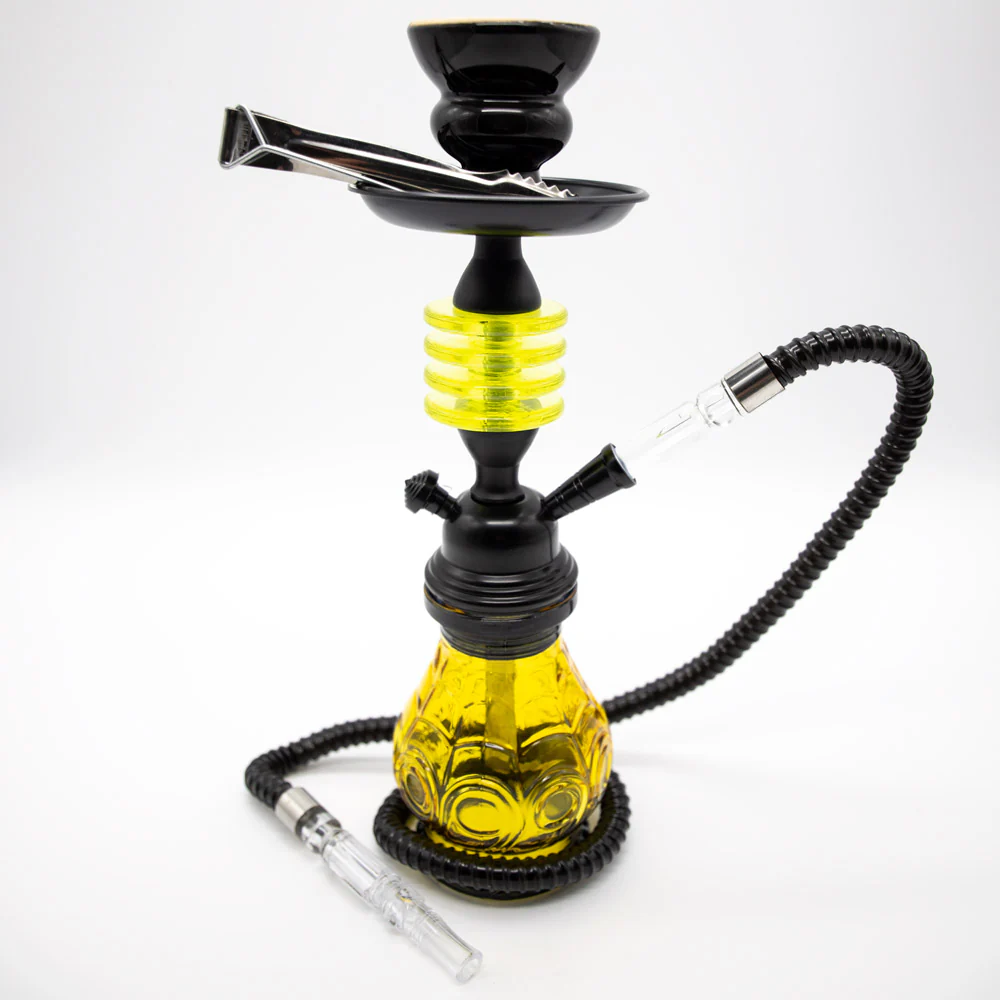 HOOKAH - 32cm 1 HOSE ORANGE GLASS W/ROUND DISC NECK BLACK METAL & CONE