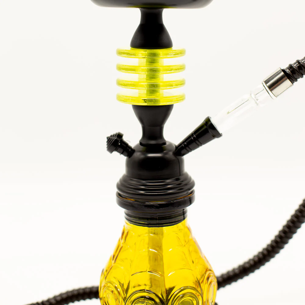 HOOKAH - 32cm 1 HOSE ORANGE GLASS W/ROUND DISC NECK BLACK METAL & CONE - Image 3