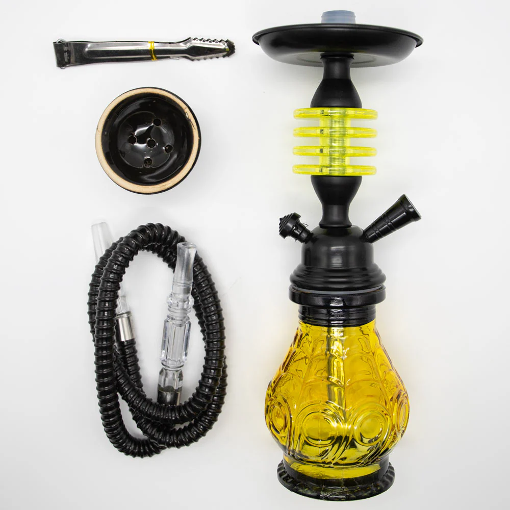 HOOKAH - 32cm 1 HOSE ORANGE GLASS W/ROUND DISC NECK BLACK METAL & CONE - Image 6