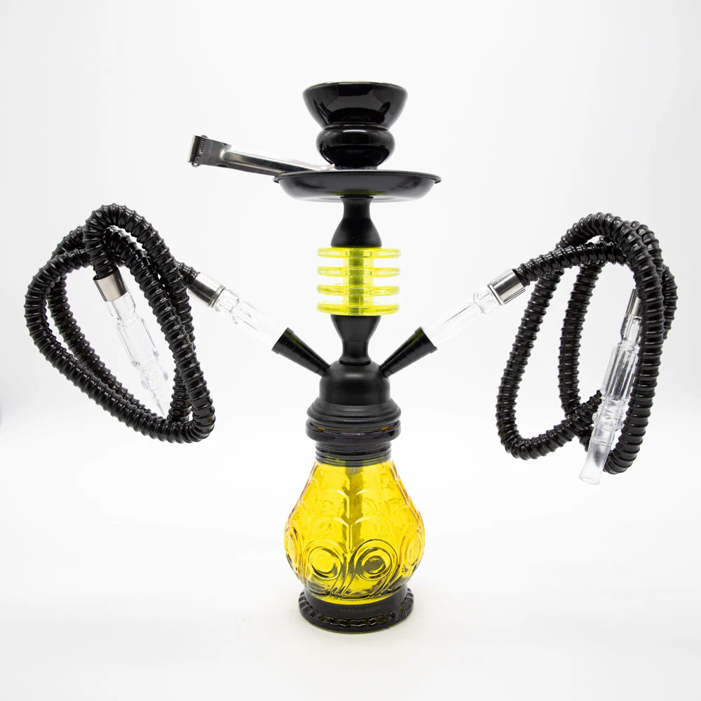 HOOKAH - 32cm 2 HOSE ORANGE GLASS W/ ROUND DISC NECK BLACK METAL & CONE