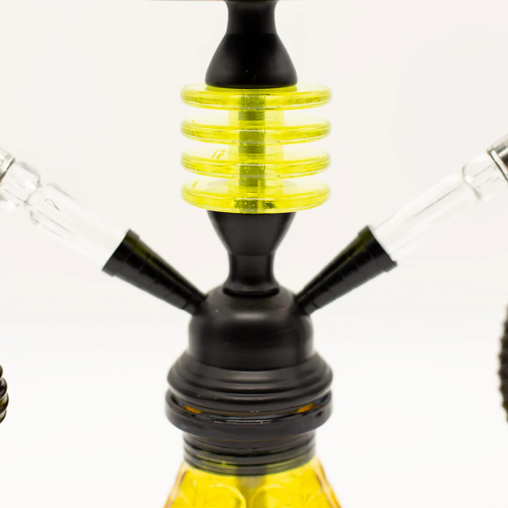 HOOKAH - 32cm 2 HOSE ORANGE GLASS W/ ROUND DISC NECK BLACK METAL & CONE - Image 3