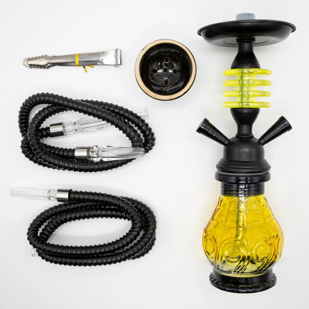 HOOKAH - 32cm 2 HOSE ORANGE GLASS W/ ROUND DISC NECK BLACK METAL & CONE - Image 5