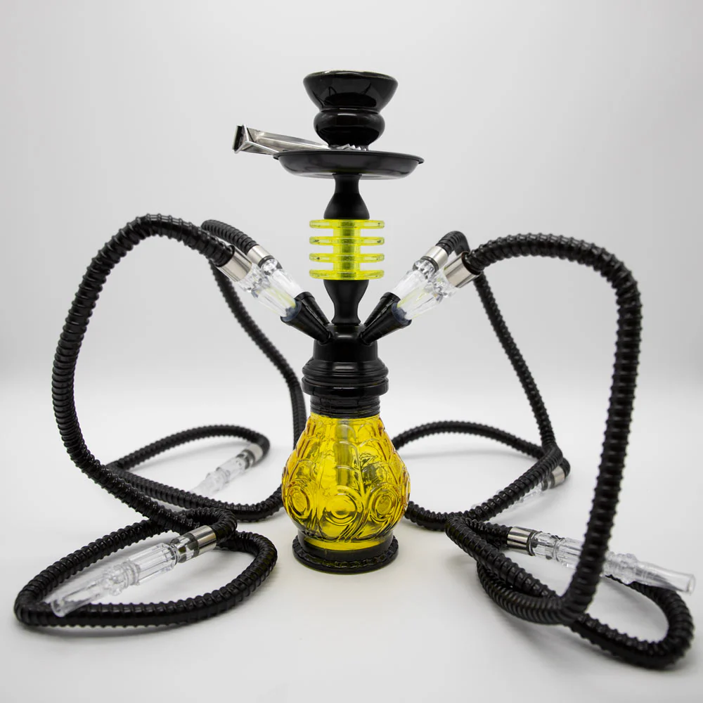 HOOKAH - 32cm 4 HOSE ORANGE GLASS W/ ROUND DISC NECK BLACK METAL & CONE