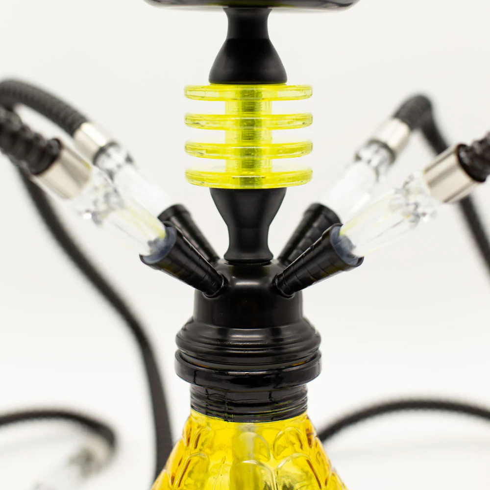 HOOKAH - 32cm 4 HOSE ORANGE GLASS W/ ROUND DISC NECK BLACK METAL & CONE - Image 3