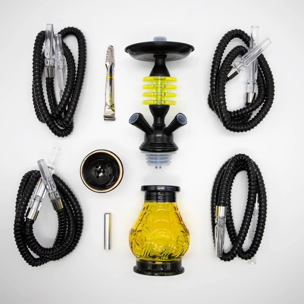 HOOKAH - 32cm 4 HOSE ORANGE GLASS W/ ROUND DISC NECK BLACK METAL & CONE - Image 5