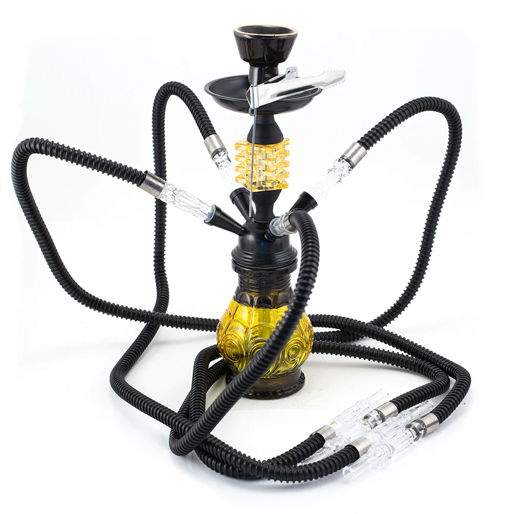 HOOKAH - 32cm 4 HOSE ORANGE GLASS W/ SQUARE DISC NECK BLACK METAL & CONE - Image 2