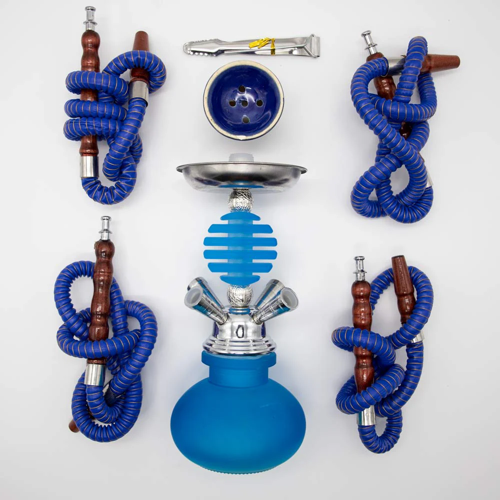 Light Blue Smooth Bubble Glass Chrome Metal Hookah [Four Hose] - Image 5