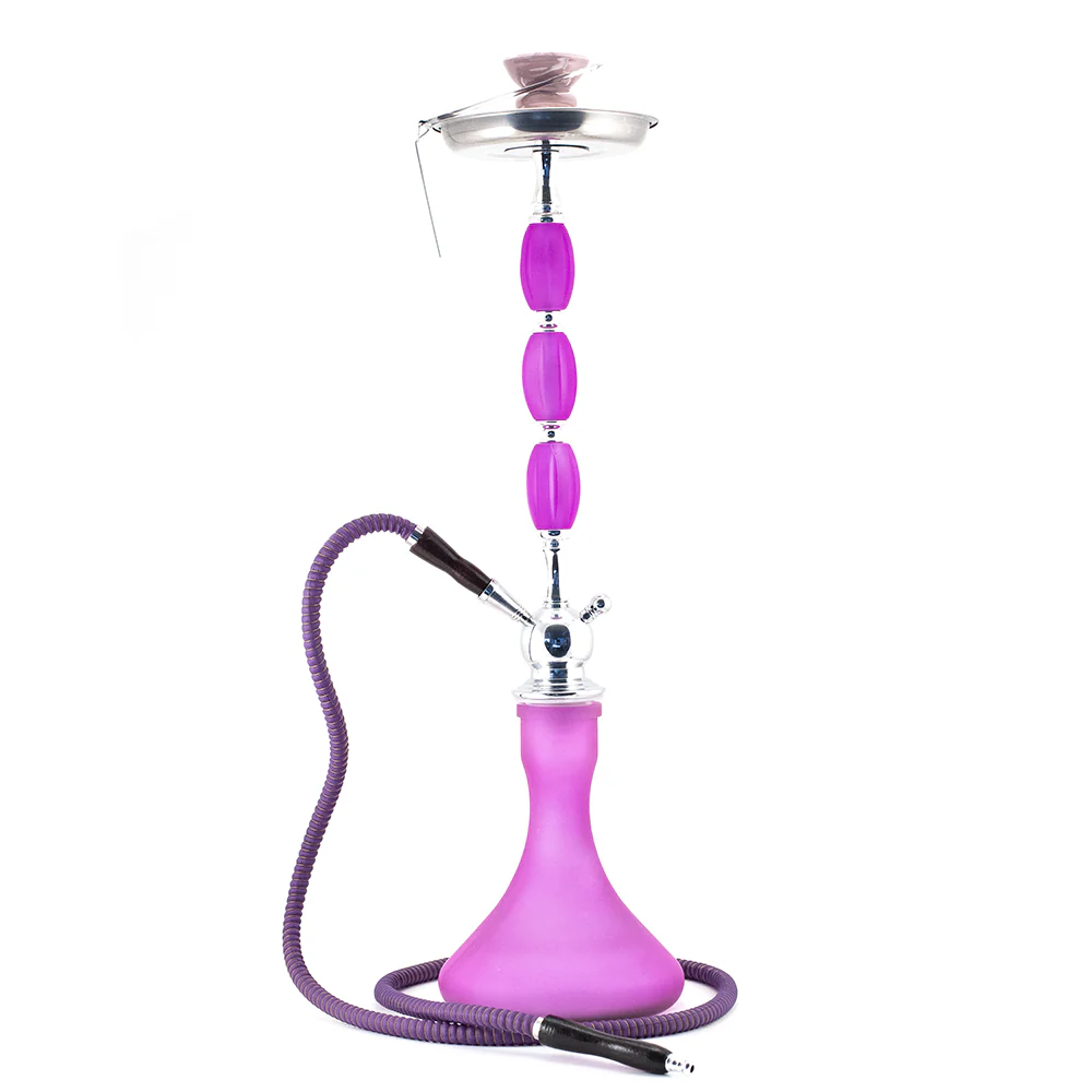 HOOKAH - 73cm 1 HOSE PURPLE GLASS CHROME METAL 3 BUMP PINK CONE