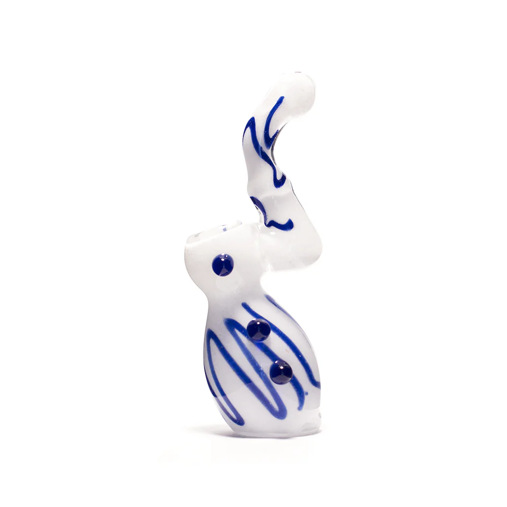 GLASS BUBBLER - 15CM WHITE WITH BLUE STRIPES AND RAISED DOTS - Image 2
