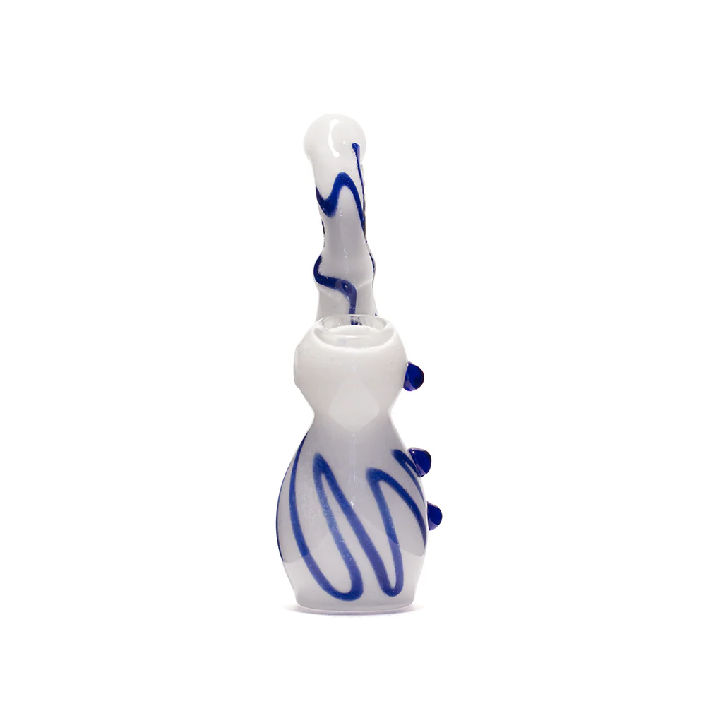 GLASS BUBBLER - 15CM WHITE WITH BLUE STRIPES AND RAISED DOTS - Image 3
